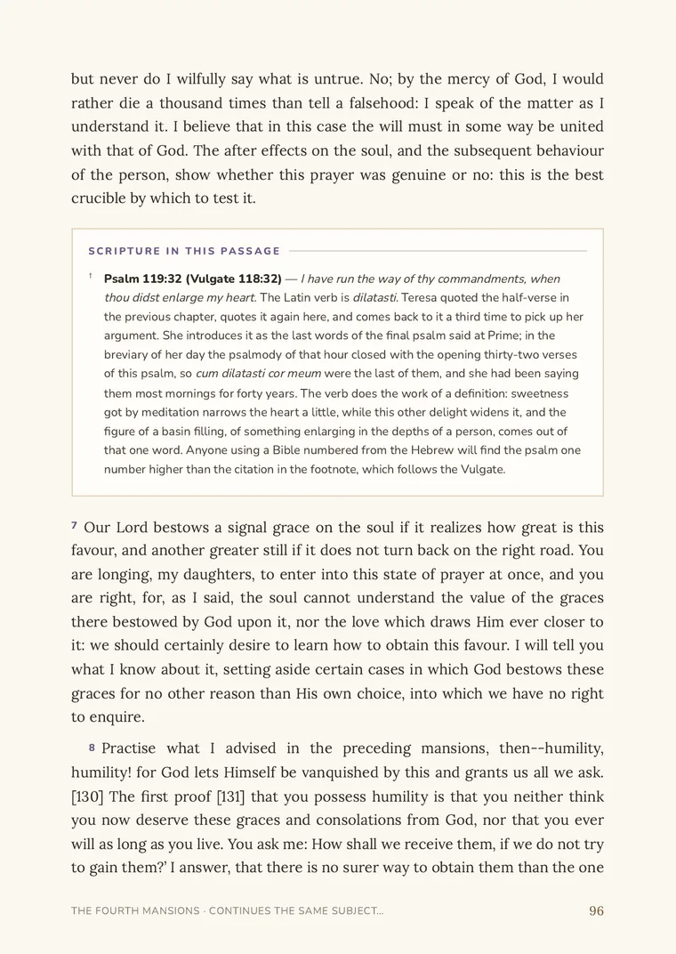 A page of the Interior Castle: Teresa’s text, the chapter digest from the 1921 edition, and an explanatory panel